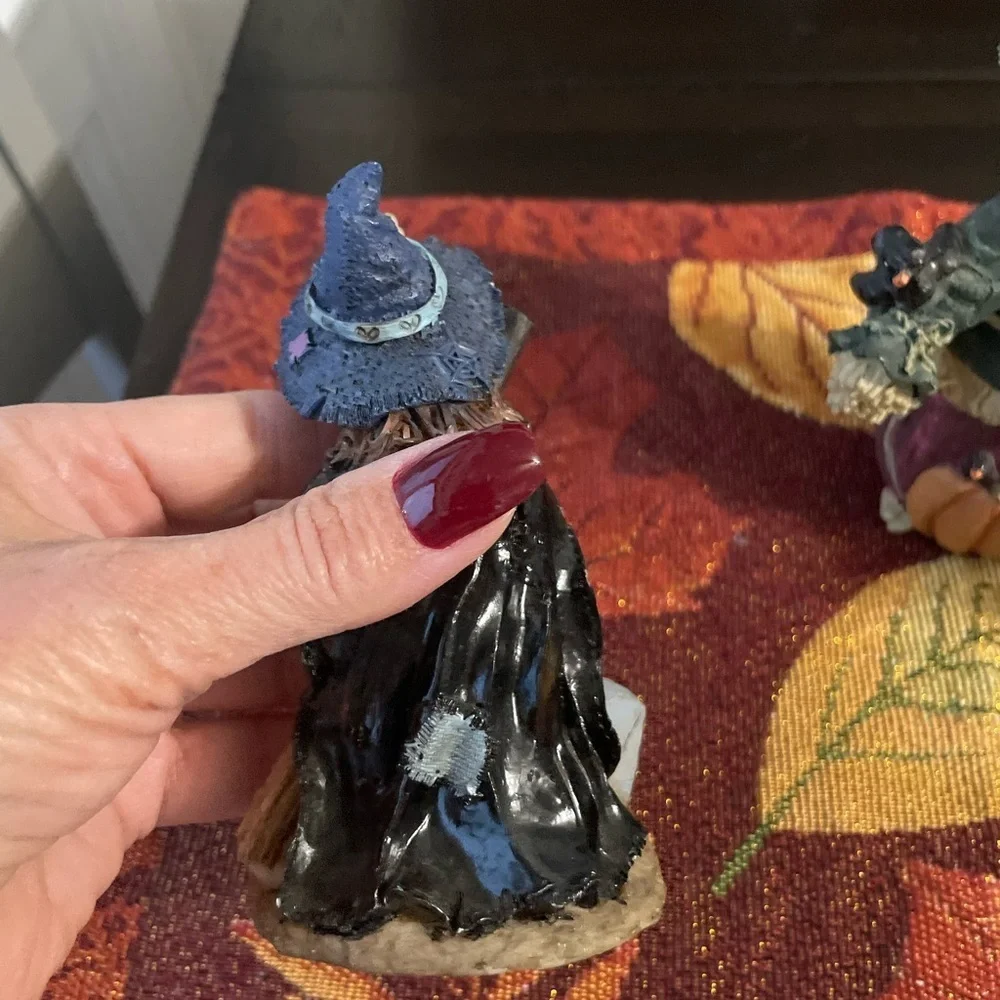Whimsical Witch & Scarecrow Figurines with fall placemat decor